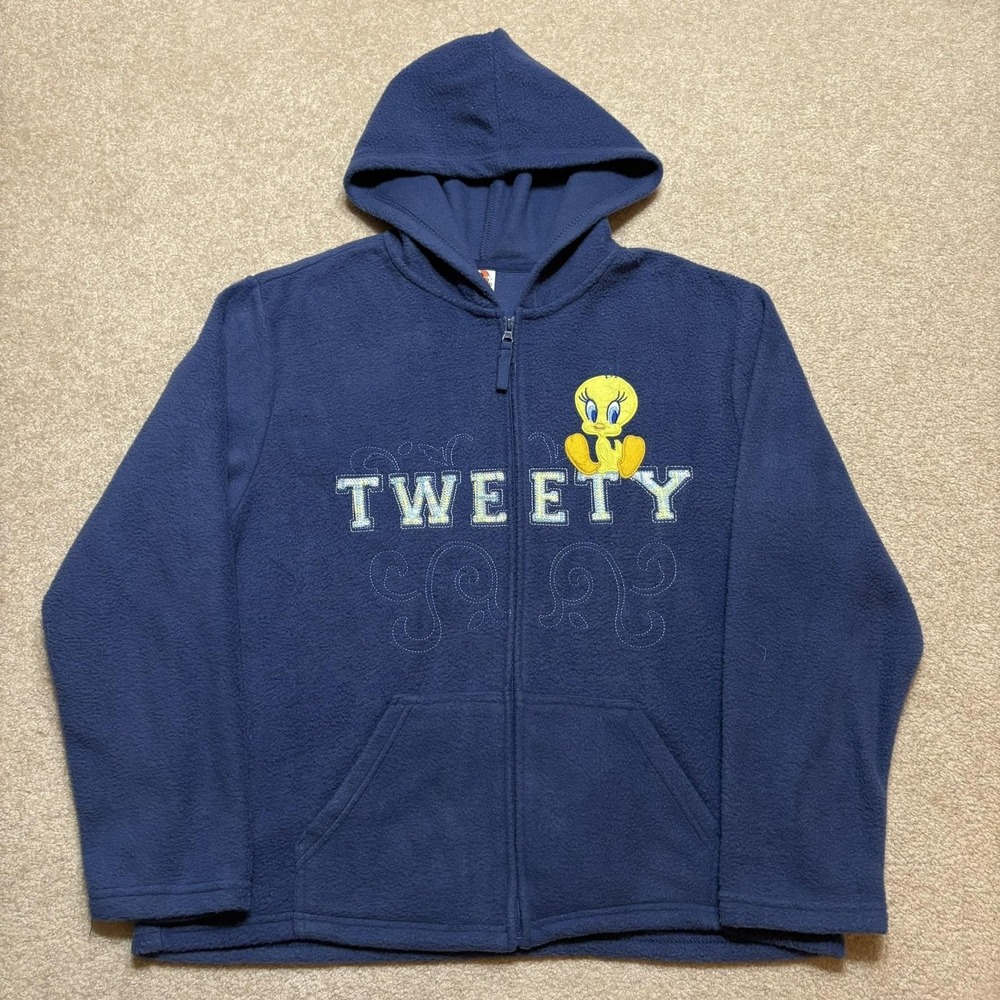 Looney Tunes Tweety Hoodie Sweatshirt Womens L 12-14 Blue Fleece Full Zip